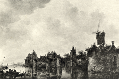 107409 Gezicht op een ommuurde stad aan een rivier met in het midden op de achtergrond het kasteel Montfoort.